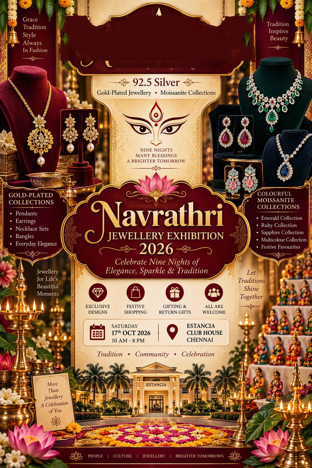 Poster for the Navratri Jewellery Exhibition 2026: 92.5 silver, gold-plated collections, and colourful moissanite, held Saturday 17 October 2026, 10 AM to 8 PM, at Estancia Club House, Chennai.